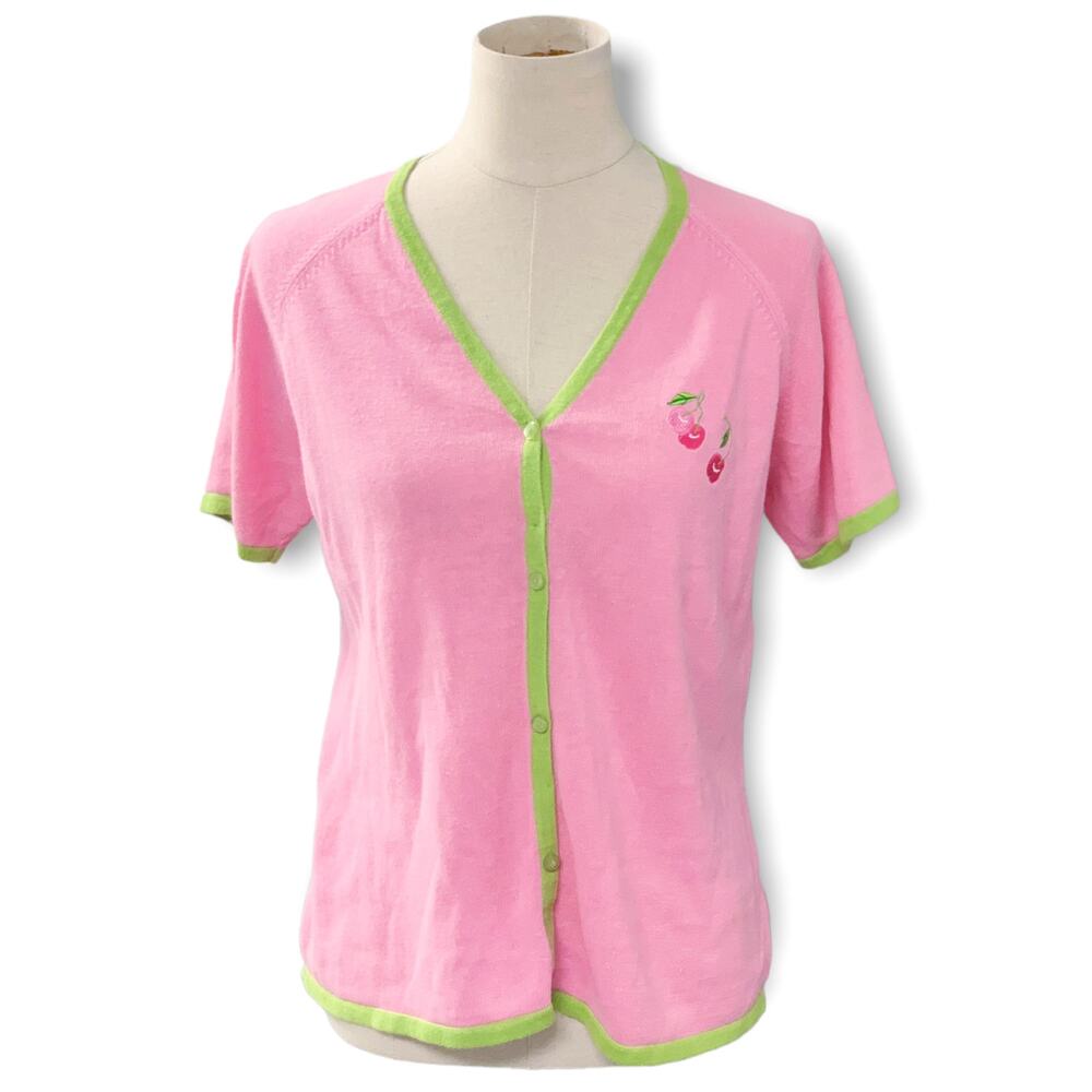 Island Influences Womens Y2K Pink Green Cherries Applique Short Sleeve Cardigan